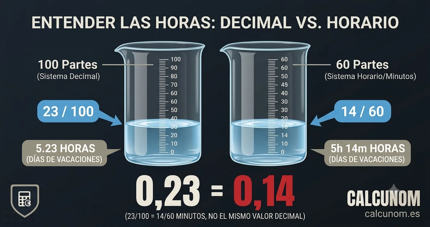 Comparación visual entre horas decimales y horas y minutos en la nómina: 0,23 horas equivalen a 14 minutos