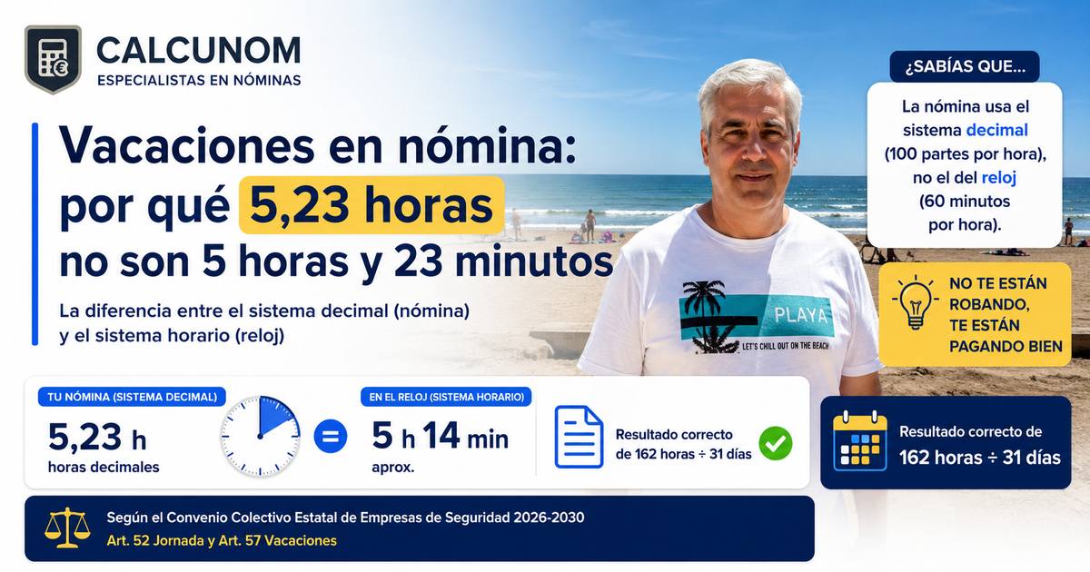 Vacaciones en nómina: por qué 5,23 horas no son 5 horas y 23 minutos